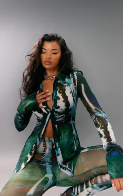 Green Abstract Floral Printed Chiffon Shirt