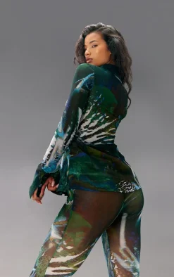 Green Abstract Floral Printed Chiffon Shirt