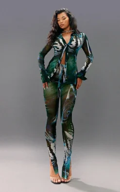 Green Abstract Floral Printed Chiffon Shirt