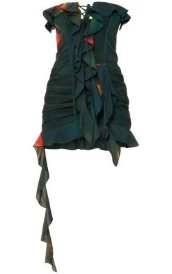 Green Abstract Lace Up Ruffle Mini Dress