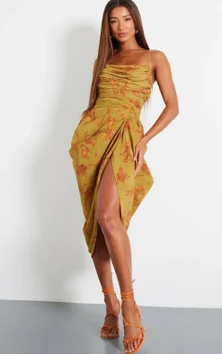 Green Abstract Print Chiffon Ruched Drape Midi Dress
