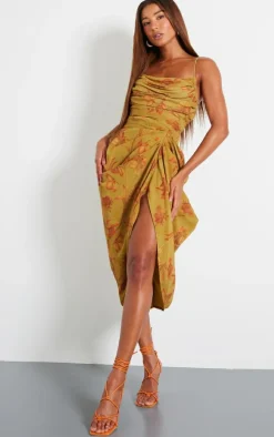 Green Abstract Print Chiffon Ruched Drape Midi Dress
