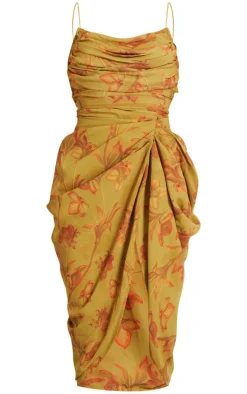 Green Abstract Print Chiffon Ruched Drape Midi Dress