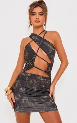 Green Abstract Print Extreme Cut Out Mini Dress