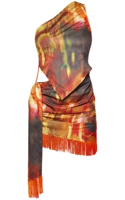 Green Abstract Print Halter Neck Fringe Mini Dress