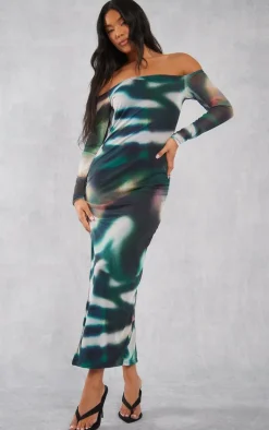 Green Abstract Print Mesh Sleeve Bardot Strap Midaxi Dress