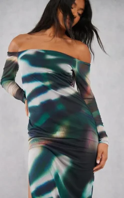 Green Abstract Print Mesh Sleeve Bardot Strap Midaxi Dress