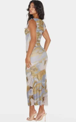 Green Abstract Print Mesh Racer Neck Maxi Dress