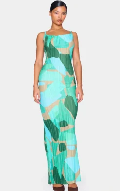 Green Abstract Print Plisse Strappy Maxi Dress
