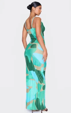 Green Abstract Print Plisse Strappy Maxi Dress