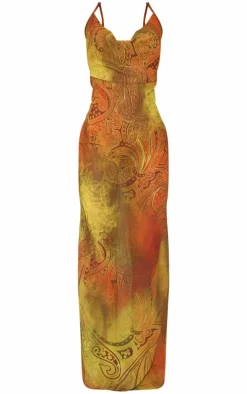 Green Abstract Print Sheer Chiffon Lace Up Back Maxi Dress