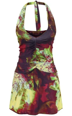 Green Abstract Print Slinky Halter Neck Mini Dress