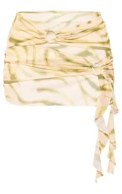 Green Abstract Printed Ring Wrap Detail Mesh Mini Skirt