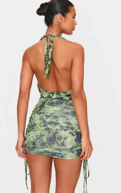 Green Abstract Printed Slinky Cowl Neck Ruched Side Mini Dress