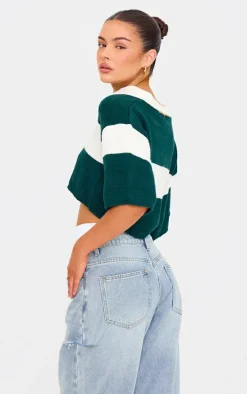 Green And White Stripe Knit V Neck Cropped Rugby Top