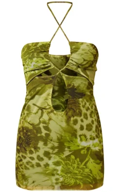 Green Animal Print Cut Out Cross Over Mini Dress