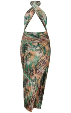 Green Animal Print Plisse Cross Neck Cut Out Midi Dress