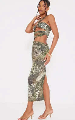 Green Animal Print Slinky Ring Detail Cut Out Midaxi Dress
