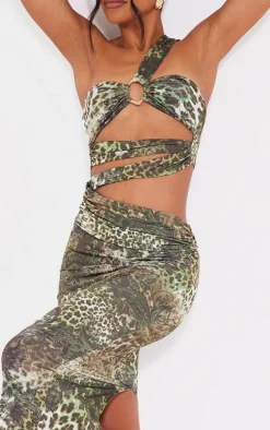 Green Animal Print Slinky Ring Detail Cut Out Midaxi Dress