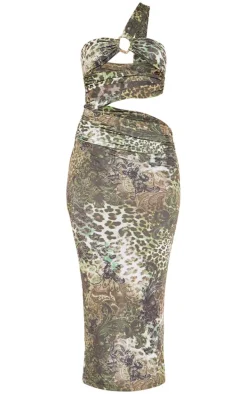 Green Animal Print Slinky Ring Detail Cut Out Midaxi Dress