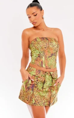 Green Animal Printed Structured Cargo Style Mini Skirt