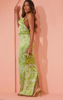 Green Baroque Print Satin Cowl Neck Maxi Dress