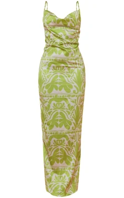 Green Baroque Print Satin Cowl Neck Maxi Dress