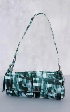 Green Blurred Camo Print Pocket Eyelet Strap Shoulder Bag
