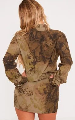 Green Blurred Floral Print Button Skirt Detail Bodycon Dress