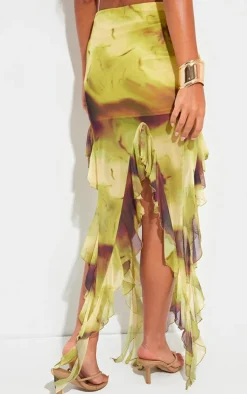 Green Blurred Floral Print Ruffle Hem Midi Skirt