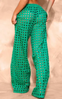 Green Broderie Cut Out Wide Leg Beach Pants