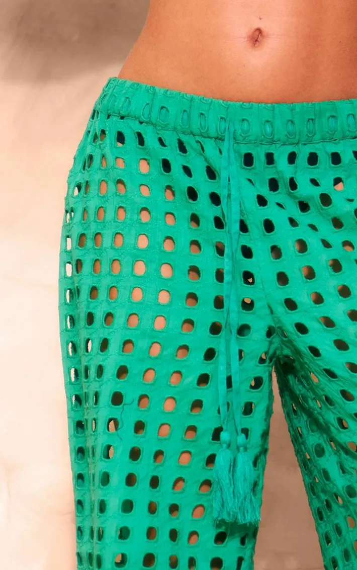 Green Broderie Cut Out Wide Leg Beach Pants