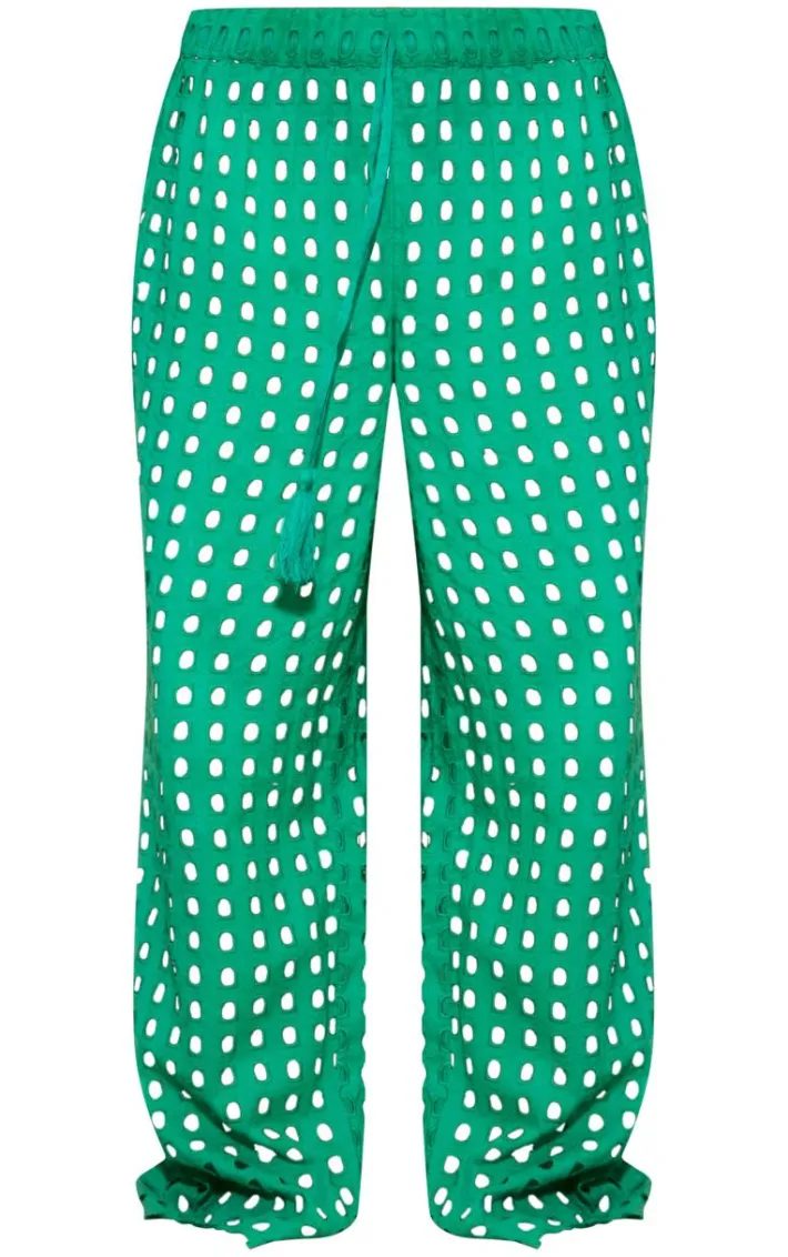 Green Broderie Cut Out Wide Leg Beach Pants