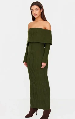 Green Brushed Rib Bardot Maxi Dress