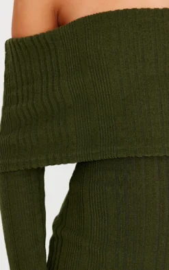 Green Brushed Rib Bardot Maxi Dress