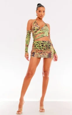 Green Butterfly Print Ring Detail Cut Out Long Sleeve Bodycon Dress