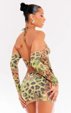 Green Butterfly Print Ring Detail Cut Out Long Sleeve Bodycon Dress