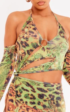 Green Butterfly Print Ring Detail Cut Out Long Sleeve Bodycon Dress