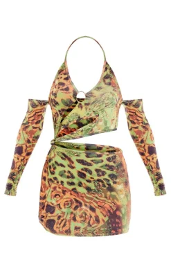Green Butterfly Print Ring Detail Cut Out Long Sleeve Bodycon Dress