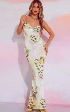 Green Butterfly Print Slinky Cowl Maxi Dress