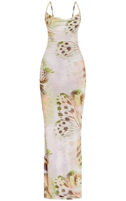 Green Butterfly Print Slinky Cowl Maxi Dress