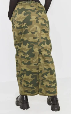 Green Camo Print Woven Elasticated Waist Maxi Skirt