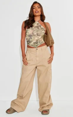 Green Camo Printed Mesh Halter Neck Top