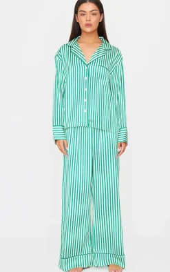 Green Candy Stripe Satin Long Pj Set