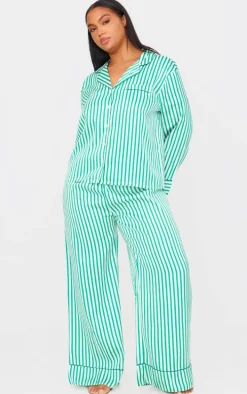 Green Candy Stripe Satin Long Pj Set