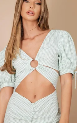 Green Check Chiffon Ring Detail Cut Out Bodycon Dress