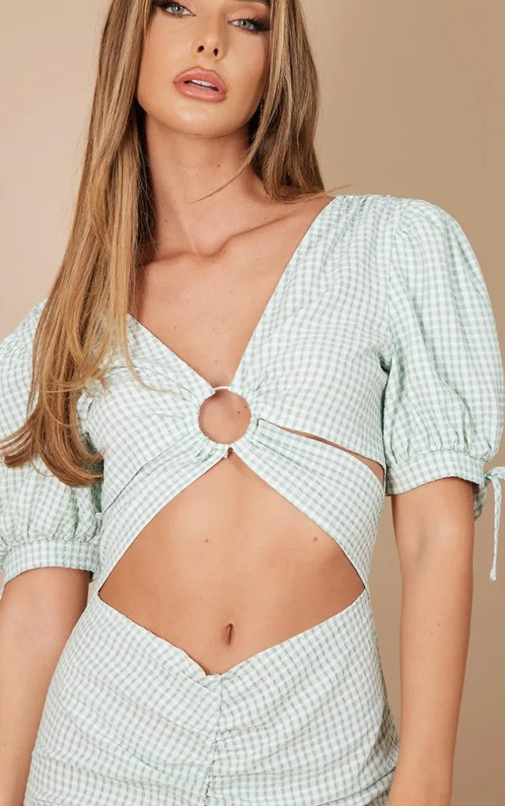Green Check Chiffon Ring Detail Cut Out Bodycon Dress
