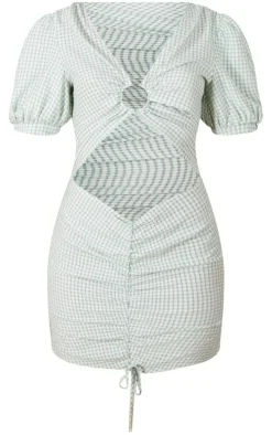 Green Check Chiffon Ring Detail Cut Out Bodycon Dress