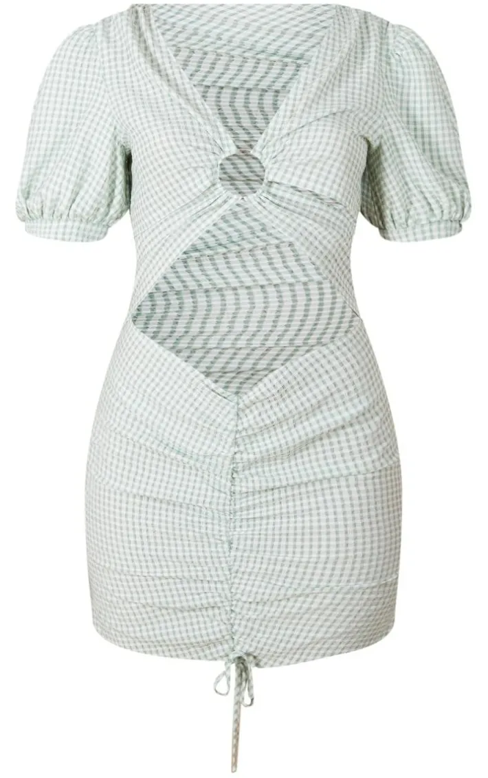 Green Check Chiffon Ring Detail Cut Out Bodycon Dress