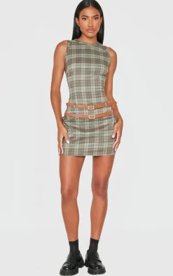 Green Check Double Belted Shift Dress
